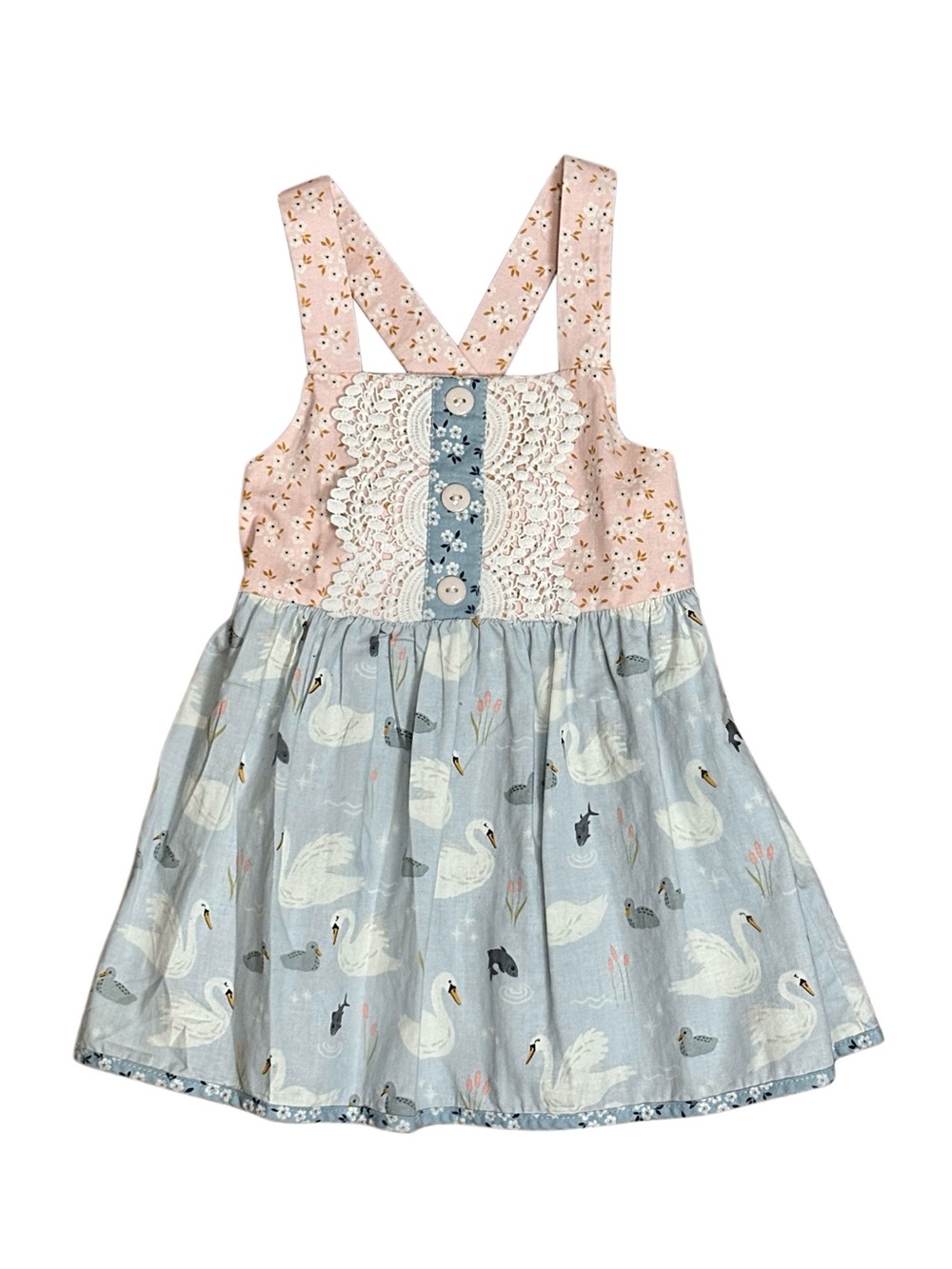 Ricrac & Ruffles Little Swan Print Girls Pinafore Tunic Dress in Pink & Blue 5